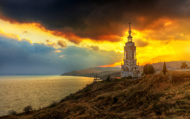 Church hill ocean sunset dramatic free wallpaper for desktop - medium preview image