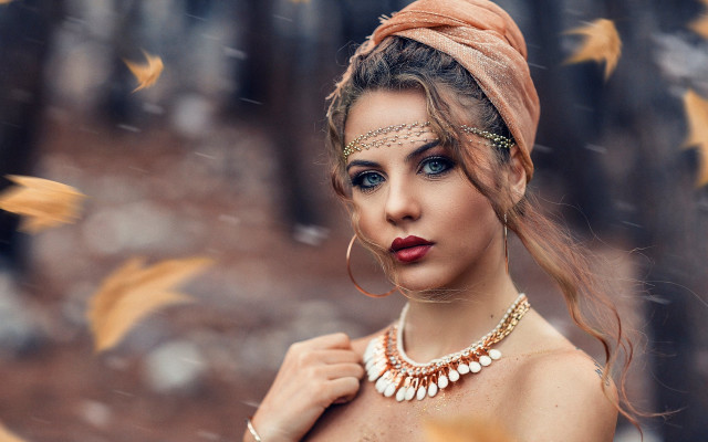 Woman headpiece necklace bird forest free wallpaper for desktop - medium preview image