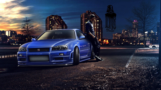 Blue car city night man free wallpaper for desktop - medium preview image
