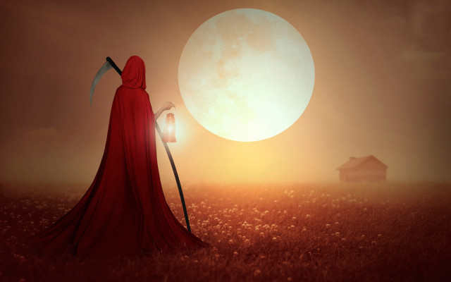 Red cloaked woman scythe fullmoon free wallpaper for desktop - medium preview image