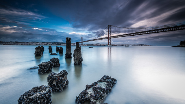 Bridge water rocks cloudy sky #2 free wallpaper for desktop - medium preview image