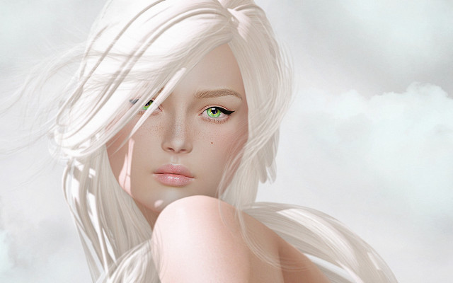 White hair green eyes clouds free wallpaper for desktop - medium preview image