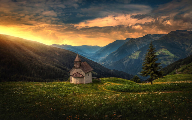Small church grassy hill mountains free wallpaper for desktop - medium preview image