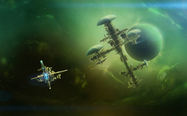 Space station green sky plane free wallpaper for desktop - medium preview image