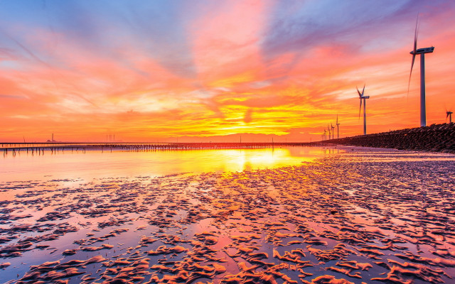 Sunset windmills colorful sky water free wallpaper for desktop - medium preview image