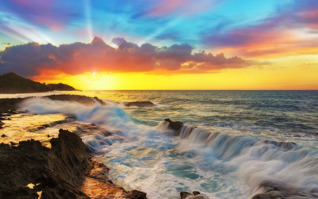 Sunset ocean waves cliff mystical free wallpaper for desktop - medium preview image
