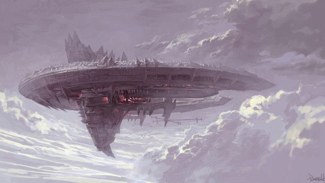 Futuristic ship floating clouds castle free wallpaper for desktop - medium preview image