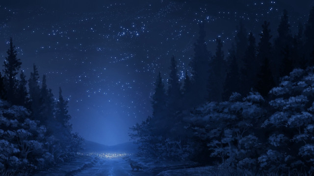 Night road trees stars moon free wallpaper for desktop - medium preview image