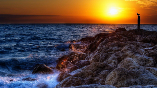 Sunset ocean rock island sky free wallpaper for desktop - medium preview image