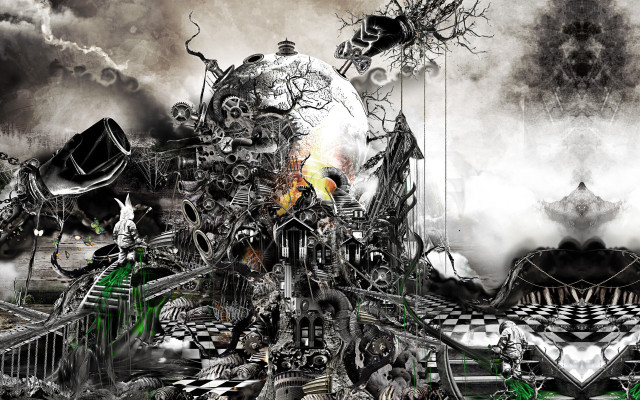 Futuristic city giant clock skull free wallpaper for desktop - medium preview image