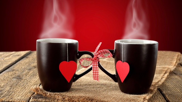 Coffee mugs hearts red background free wallpaper for desktop - medium preview image