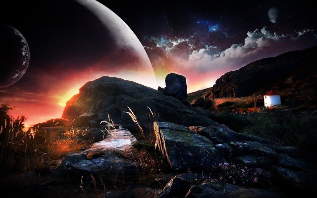 Rocky landscape distant planet moon free wallpaper for desktop - medium preview image