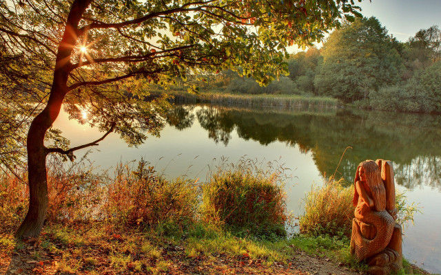 Statue bench lake autumn leaves free wallpaper for desktop - medium preview image