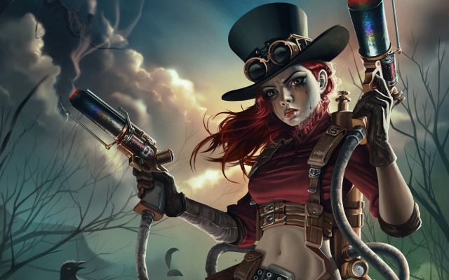 Steampunk woman gun flashlight creepy free wallpaper for desktop - medium preview image