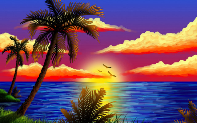 Sunset palm trees bird ocean free wallpaper for desktop - medium preview image