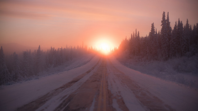 Road sunset forest snow lens free wallpaper for desktop - medium preview image