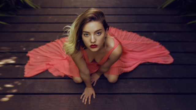 Pink dress woman posing wooden free wallpaper for desktop - medium preview image