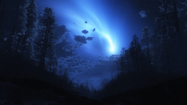 Night sky aurora forest moon free wallpaper for desktop - medium preview image
