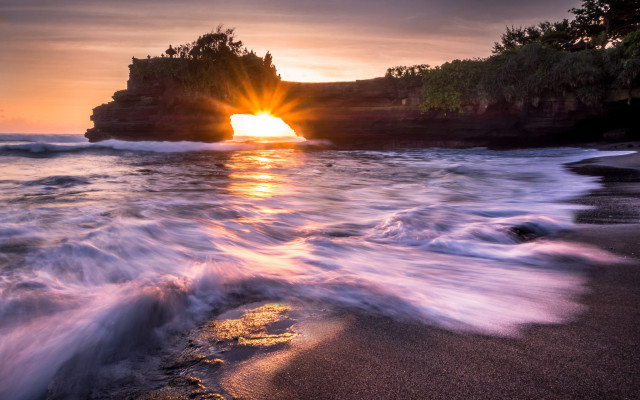 Sunset beach waves rocks island free wallpaper for desktop - medium preview image