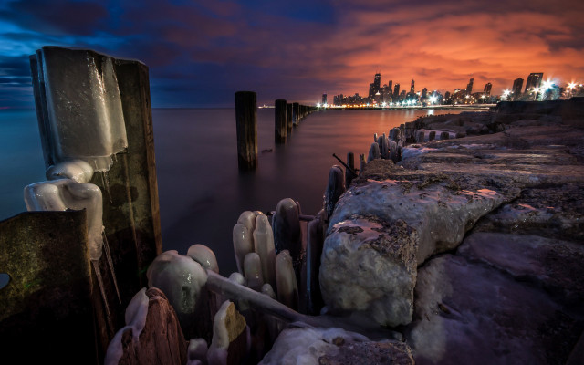 Long exposure city skyline pier free wallpaper for desktop - medium preview image