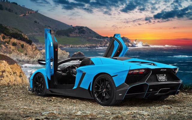Blue sports car rocky beach free wallpaper for desktop - medium preview image