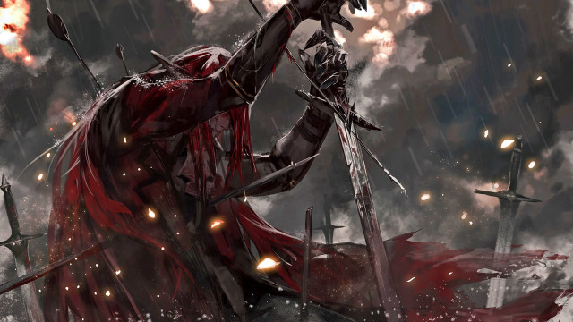 Man red cape sword rain free wallpaper for desktop - medium preview image