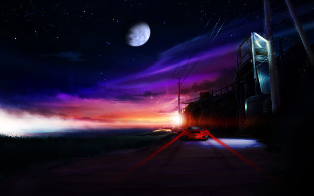 Car road purple sky full free wallpaper for desktop - medium preview image