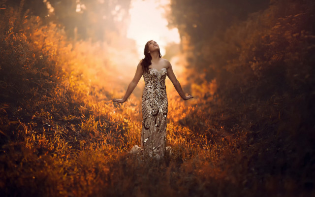 Woman field autumn fire dusk free wallpaper for desktop - medium preview image
