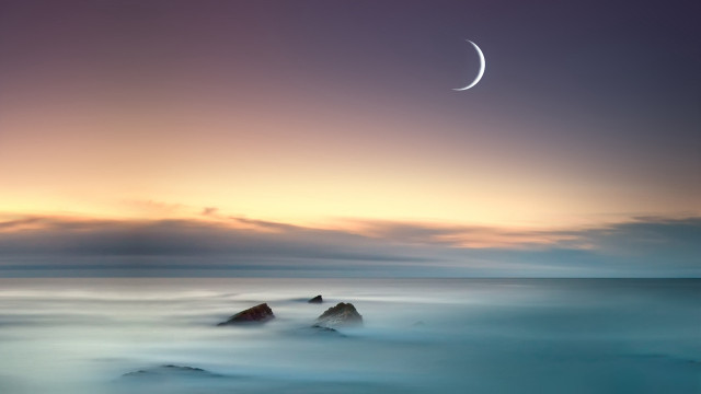 Crescent ocean sunset moon rocks free wallpaper for desktop - medium preview image