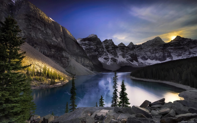 Lake mountains trees fullmoon cloudy free wallpaper for desktop - medium preview image
