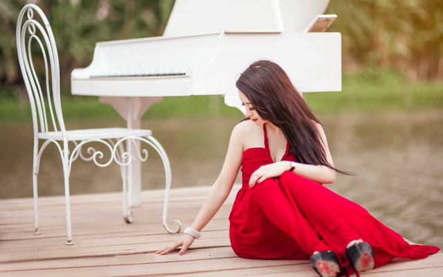 Woman red dress dock piano free wallpaper for desktop - medium preview image