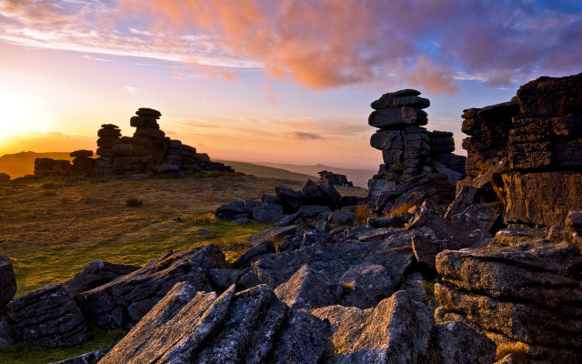 Rocky landscape sunset stacked rocks free wallpaper for desktop - medium preview image