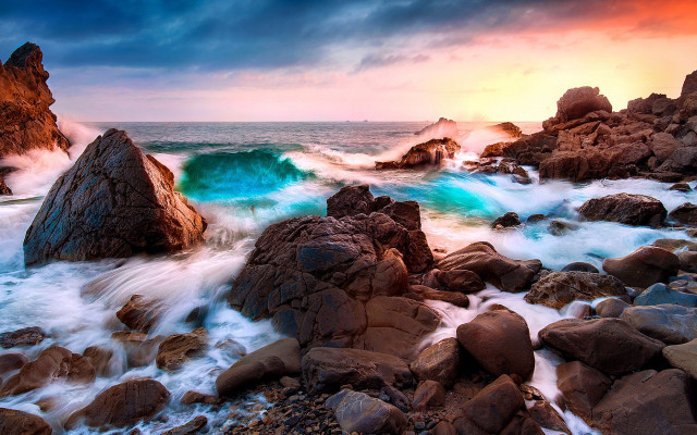 Rocky beach waves sunset cloudy free wallpaper for desktop - medium preview image