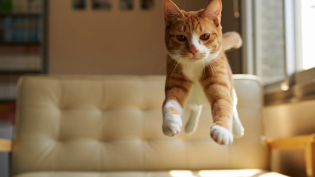 Cat jumping couch livingroom action free wallpaper for desktop - medium preview image