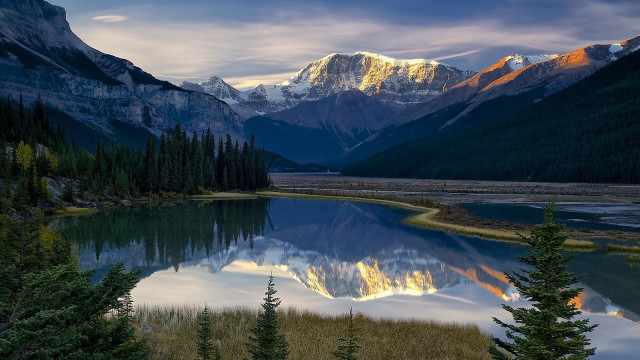 Mountain lake forest sunset waterfall free wallpaper for desktop - medium preview image