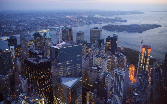 City skyline river dusk lights free wallpaper for desktop - medium preview image