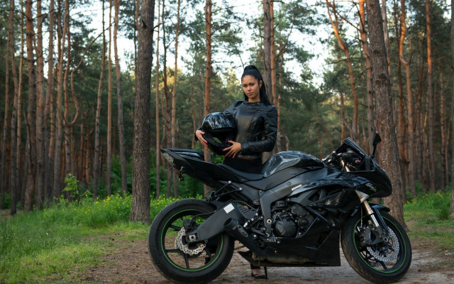 Woman motorcycle forest leaves blackjacket free wallpaper for desktop - medium preview image