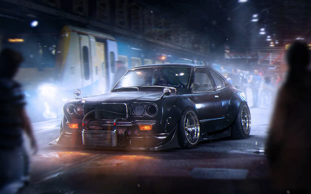 Rainy night car street train free wallpaper for desktop - medium preview image