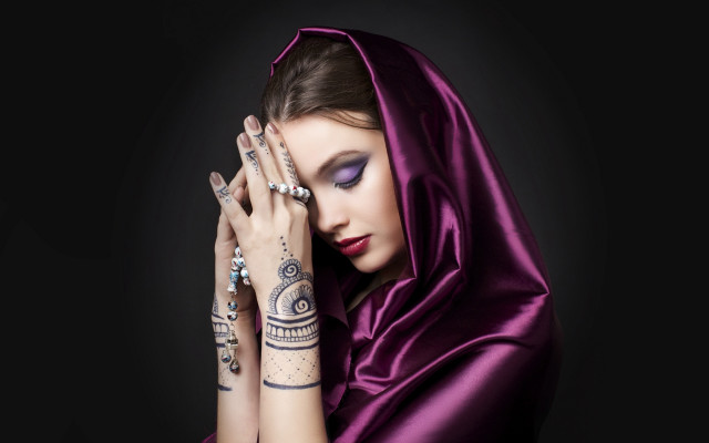 Tattooed woman purple dress gothic free wallpaper for desktop - medium preview image