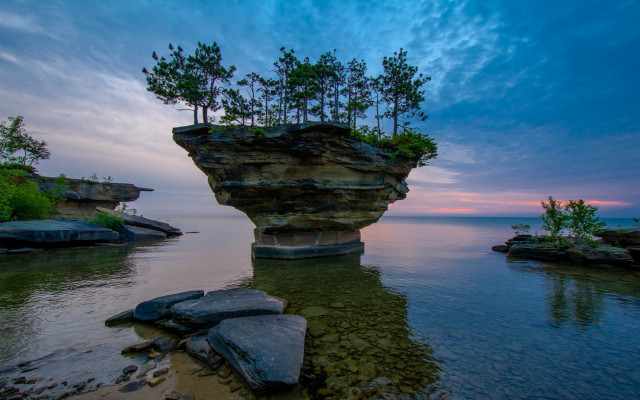 Rock formation water trees sunset free wallpaper for desktop - medium preview image