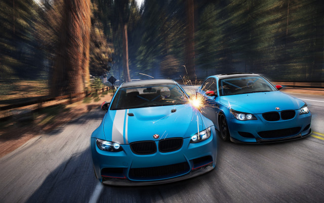 Two cars driving forest night free wallpaper for desktop - medium preview image