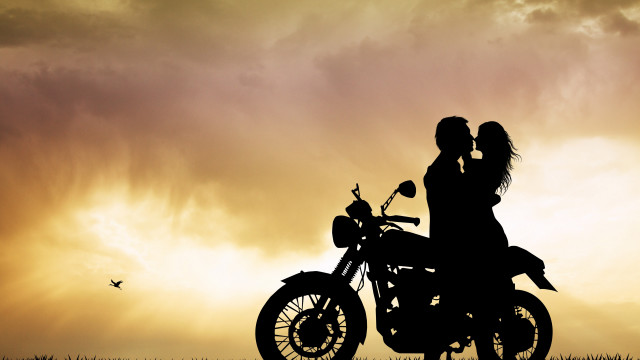 Sunset motorcycle couple bird silhouette free wallpaper for desktop - medium preview image