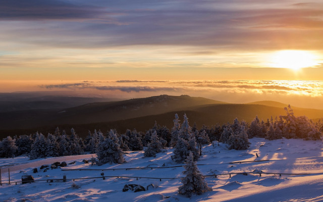 Sunset snowy mountain trees fence free wallpaper for desktop - medium preview image