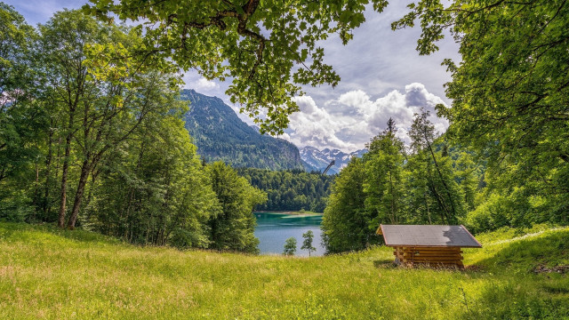 Small cabin lake mountains clouds #2 free wallpaper for desktop - medium preview image