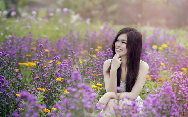 Woman flower field smile outdoor free wallpaper for desktop - medium preview image