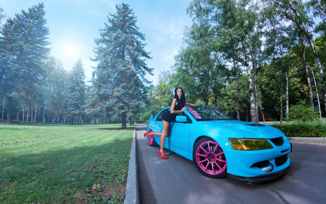 Woman bluecar pinkwheels outdoors scenery free wallpaper for desktop - medium preview image