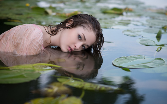 Girl pink dress water lily free wallpaper for desktop - medium preview image