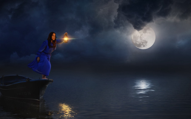 Woman blue dress boat moonlight free wallpaper for desktop - medium preview image