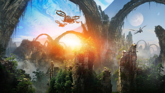Futuristic forest flying man giant free wallpaper for desktop - medium preview image