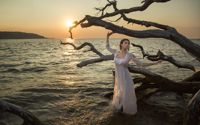 Woman white dress water tree free wallpaper for desktop - medium preview image